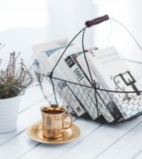 plant, copper mug, books